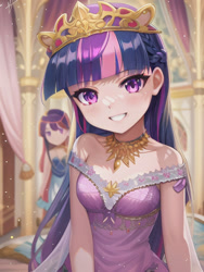 Size: 1024x1364 | Tagged: safe, derpibooru import, editor:sammykun, generator:novelai, generator:stable diffusion, machine learning generated, twilight sparkle, human, background human, blurry background, breasts, clothes, crown, dress, female, humanized, jewelry, looking at you, necklace, regalia, small breasts, smiling, smiling at you, teeth