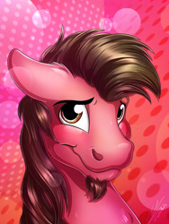 Size: 1920x2560 | Tagged: safe, artist:lupiarts, derpibooru import, oc, oc only, oc:ace play, earth pony, pony, abstract background, blushing, commission, facial hair, goatee, looking at you, male, smiling, solo, stallion
