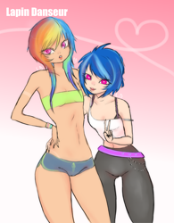 Size: 2024x2600 | Tagged: safe, artist:lapindanseur, derpibooru import, dj pon-3, rainbow dash, vinyl scratch, human, bandeau, belly button, clothes, duo, female, fingernails, humanized, lesbian, long nails, midriff, missing accessory, pants, peace sign, shipping, shorts, tanktop, vinyldash