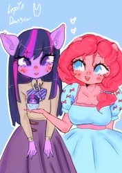 Size: 1240x1754 | Tagged: safe, artist:lapin_danseur, artist:lapindanseur, derpibooru import, pinkie pie, twilight sparkle, anthro, ambiguous facial structure, blouse, clothes, colored pupils, cupcake, dress, duo, female, food, lesbian, missing horn, shipping, skirt, twinkie