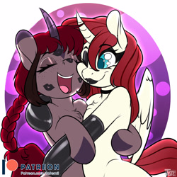 Size: 3000x3000 | Tagged: safe, artist:tatemil, derpibooru import, oc, oc:rosiesquish, anthro, cute, female, hug, latex, lesbian, oc x oc, shipping, simple background, white background