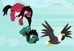 Size: 3175x2200 | Tagged: safe, artist:lightningbolt, derpibooru exclusive, derpibooru import, bald eagle, bird, eagle, earth pony, pegasus, pony, .svg available, beak, bring me the horizon, camera, carrying, clothes, cloud, duo, duo male, fluttering, flying, hoof hold, lip piercing, male, mike fuentes, photography, pierce the veil, piercing, ponified, shirt, sky, species swap, spread wings, stallion, struggling, svg, sweat, t-shirt, tail, tail pull, talons, tattoo, tom sykes, vector, wings