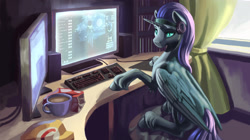 Size: 2150x1200 | Tagged: safe, artist:kirillk, derpibooru import, oc, oc only, oc:nyx, alicorn, pony, alicorn oc, computer, headphones, horn, keyboard, monitor, sitting, solo, speaker, window, wings