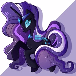 Size: 3000x3000 | Tagged: safe, artist:edgyanimator, derpibooru exclusive, derpibooru import, nightmare rarity, rarity, pony, unicorn, beautiful, big eyes, big horn, black coat, black fur, blue eyes, blue eyeshadow, cel shading, choker, colored, colored eyelashes, colored lineart, crown, cute, diamond, digital art, drop shadow, elegant, ethereal mane, eyelashes, eyeshadow, female, firealpaca, flowy hair, flowy mane, flowy tail, full body, gradient hair, gradient mane, gradient tail, hair, high res, highlights, horn, jewelry, jpg, lineart, long hair, long horn, long legs, long mane, long tail, looking sideways, looking to side, looking to the right, makeup, mare, necklace, nicemare rarity, nightmare raribetes, peytral, purple background, purple hair, purple mane, purple tail, quadrupedal, raised hoof, raised hooves, raised leg, raribetes, regalia, shading, shadow, shiny hair, shiny mane, shiny tail, signature, simple background, slim, smiling, smirk, solo, sparkles, starry hair, starry mane, starry tail, stars, tail, thin, wall of tags
