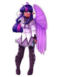 Size: 1280x1707 | Tagged: safe, artist:mylittleyuri, derpibooru import, twilight sparkle, human, clothes, cosplay, costume, dark skin, elf ears, female, gun, handgun, homura akemi, horn, horned humanization, humanized, magical girl, pistol, puella magi madoka magica, simple background, solo, transparent background, weapon, winged humanization, wings