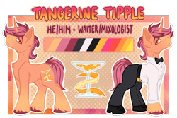 Size: 1500x1000 | Tagged: safe, artist:chvrchgrim, derpibooru import, oc, oc only, oc:tangerine tipple, unicorn, bowtie, clothes, fancy, horn, male, orange coat, pants, reference, reference sheet, shirt, shoes, simple background, solo, stallion, suit, transparent background, unshorn fetlocks