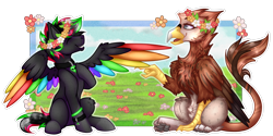 Size: 2000x1000 | Tagged: safe, artist:chvrchgrim, derpibooru import, oc, oc only, oc:krypt, oc:marlow, griffon, pegasus, pony, beak, claws, colored wings, duo, eyes closed, field, floral head wreath, flower, flower in hair, folded wings, friendship, grass, grass field, griffon oc, hanging out, hoof on chest, looking at each other, looking at someone, male, multicolored hair, multicolored mane, multicolored tail, multicolored wings, paw pads, paws, pegasus oc, pointing, pony oc, ponysona, rainbow wings, raised hoof, raised leg, simple background, sitting, sky, smiling, smiling at each other, spread wings, stallion, tail, toe beans, transparent background, underpaw, wholesome, wings
