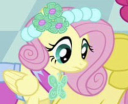 Size: 398x323 | Tagged: safe, derpibooru import, screencap, fluttershy, pinkie pie, pegasus, pony, a canterlot wedding, :i, alternate hairstyle, close-up, clothes, cropped, dress, solo