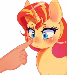 Size: 2500x2800 | Tagged: safe, artist:mrscurlystyles, derpibooru import, sunset shimmer, human, pony, unicorn, boop, disembodied hand, hand, noseboop, offscreen character, simple background, solo focus, white background