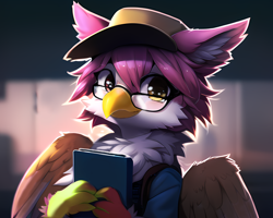 Size: 2560x2048 | Tagged: safe, derpibooru import, machine learning generated, oc, oc:pixel grabber, hippogriff, book, cap, glasses, hat, solo