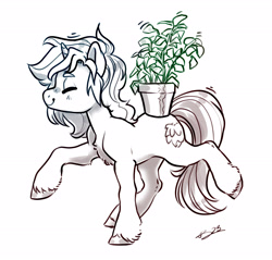 Size: 3535x3373 | Tagged: safe, artist:opalacorn, derpibooru import, oc, oc only, earth pony, pony, bipedal, black and white, eyes closed, grayscale, monochrome, plant, potted plant, simple background, solo, white background