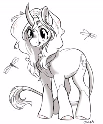 Size: 3386x4096 | Tagged: safe, artist:opalacorn, derpibooru import, oc, oc only, classical unicorn, dragonfly, insect, pony, unicorn, cloven hooves, curved horn, grayscale, horn, leonine tail, monochrome, simple background, smiling, solo, unshorn fetlocks, white background