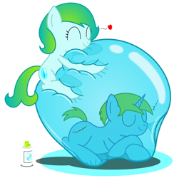 Size: 884x904 | Tagged: safe, artist:bladedragoon7575, derpibooru import, oc, oc only, oc:balance blade, oc:delphina depths, earth pony, pony, unicorn, bondage, bubble, bubble fetish, bubble solution, earth pony oc, encasement, eyes closed, floating heart, heart, horn, hug, in bubble, nose piercing, piercing, simple background, sleeping, transparent background, trapped, unicorn oc