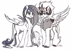 Size: 4096x2837 | Tagged: safe, artist:opalacorn, derpibooru import, oc, oc only, alicorn, hybrid, pony, duo, grayscale, horns, leonine tail, looking at each other, looking at someone, monochrome, simple background, spread wings, tail, unshorn fetlocks, white background, wings