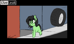 Size: 677x401 | Tagged: source needed, safe, artist:seafooddinner, twibooru import, oc, oc:anon filly, pony, airpods, black background, clueless, female, filly, foal, imminent pain, liveleak, loose wheel, simple background, solo, wheel