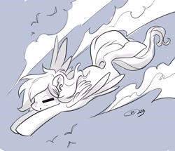 Size: 4096x3517 | Tagged: safe, artist:opalacorn, derpibooru import, oc, oc only, pegasus, pony, eyes closed, flying, monochrome, solo, windswept mane