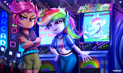 Size: 3671x2182 | Tagged: safe, artist:ichimoral, derpibooru import, rainbow dash, scootaloo, human, equestria girls, arcade cabinet, commission, cross-popping veins, crossed arms, duo, duo female, emanata, female, high res, scootaloo is not amused, unamused, winner