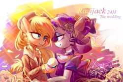 Size: 1620x1080 | Tagged: source needed, safe, artist:xiaoxingxin, derpibooru import, applejack, rarity, earth pony, pony, unicorn, g4, clothes, duo, duo female, female, hat, lesbian, looking at each other, looking at someone, ponytail, rarijack, shipping