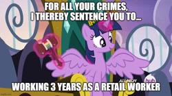 Size: 888x499 | Tagged: safe, derpibooru import, edit, edited screencap, screencap, twilight sparkle, twilight sparkle (alicorn), alicorn, trade ya, caption, cool and unusual punishment, hammer, image macro, meme, text, trial