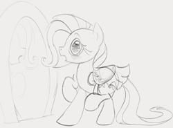 Size: 1432x1061 | Tagged: safe, artist:dotkwa, derpibooru import, fluttershy, pegasus, pony, bipedal, blushing, cute, embarrassed, female, grayscale, looking at you, mare, mirror, monochrome, open mouth, saddle, shyabetes, simple background, sketch, solo, tack, white background