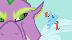 Size: 1280x720 | Tagged: safe, derpibooru import, screencap, rainbow dash, spike, dragon, pegasus, pony, secret of my excess, female, male, mare, spikezilla