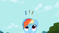 Size: 1280x720 | Tagged: safe, derpibooru import, screencap, rainbow dash, pony, secret of my excess, looking up, wonderbolts