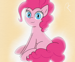 Size: 1200x1000 | Tagged: safe, artist:reinbou, derpibooru import, pinkie pie, earth pony, pony, :3, shine, simple background, sitting, solo, yellow background
