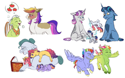Size: 1280x805 | Tagged: safe, artist:primrosepaper, derpibooru import, bow hothoof, cloudy quartz, granny smith, night light, twilight velvet, oc, oc:cosmo, oc:fruity whirl, oc:nova, oc:sympathy song, earth pony, pegasus, pony, unicorn, book, colt, female, filly, flying, foal, grandfather and grandchild, grandmother and grandchild, male, mare, multiple parents, offspring, parent:applejack, parent:fluttershy, parent:pinkie pie, parent:rainbow dash, parent:rarity, parent:twilight sparkle, parents:omniship, reading aloud, simple background, stallion, story time, white background