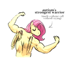 Size: 540x460 | Tagged: safe, artist:punkittdev, derpibooru import, fluttershy, anthro, pegasus, arrow, autism, eyes closed, female, flexing, mare, muscles, muscleshy, pose, simple background, solo, text, white background