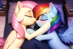 Size: 3072x2048 | Tagged: safe, derpibooru import, generator:novelai, generator:stable diffusion, machine learning generated, fluttershy, rainbow dash, pegasus, pony, bed, bedroom, blushing, cuddling, cute, duo, duo female, eyes closed, female, flutterdash, folded wings, happy, high res, hoof on cheek, indoors, lesbian, lying down, mare, on side, pillow, shipping, sleeping, smiling, snuggling, spread wings, tail, wings
