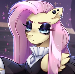 Size: 1668x1651 | Tagged: safe, artist:goldcanines, derpibooru import, fluttershy, pegasus, pony, clothes, ear piercing, female, fluttergoth, goth, mare, narrowed eyes, piercing, redraw, solo, unamused