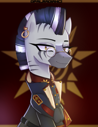 Size: 1951x2524 | Tagged: safe, artist:opal_radiance, derpibooru import, oc, oc only, zebra, clothes, coat, ear piercing, earring, glasses, jacket, jewelry, military uniform, piercing, solo, uniform