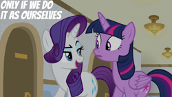 Size: 2000x1125 | Tagged: safe, derpibooru import, edit, edited screencap, editor:quoterific, screencap, rarity, twilight sparkle, twilight sparkle (alicorn), alicorn, friendship university