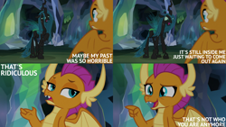 Size: 2000x1125 | Tagged: safe, derpibooru import, edit, edited screencap, editor:quoterific, screencap, ocellus, queen chrysalis, smolder, what lies beneath, cave, disguise, disguised changeling, queen chrysellus