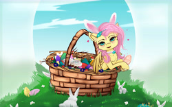 Size: 9000x5600 | Tagged: safe, artist:martazap3, derpibooru import, fluttershy, pegasus, pony, rabbit, animal, basket, easter, easter egg, holiday, sky, solo, wings