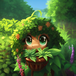 Size: 2048x2048 | Tagged: safe, derpibooru import, generator:purplesmart.ai, generator:stable diffusion, machine learning generated, oc, oc only, pony, camouflage, cute, eating, eye, eyes, flower, flower pot, green eyes, herbivore, looking at you, ocbetes, orange coat, plant, solo, unnamed oc