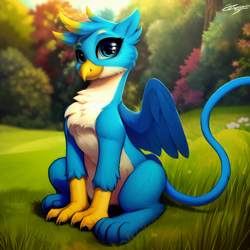 Size: 2048x2048 | Tagged: safe, derpibooru import, generator:purplesmart.ai, generator:stable diffusion, machine learning generated, gallus, griffon, chest fluff, looking at you, male, sitting, solo