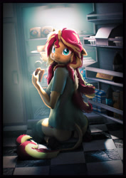 Size: 4000x5656 | Tagged: safe, artist:imafutureguitarhero, derpibooru import, sunset shimmer, anthro, classical unicorn, unguligrade anthro, unicorn, 3d, absurd resolution, alcohol, arm fluff, arm freckles, border, bottle, bread, butt, butt fluff, butt freckles, can, caught, cheek fluff, cheese, chocolate, chocolate bar, chromatic aberration, clothes, cloven hooves, colored eyebrows, colored eyelashes, crumbs, cupboard, cute, ear fluff, ear freckles, ears, eating, egg, elbow fluff, female, film grain, floor, floppy ears, fluffy, food, freckles, fur, glowing, herbivore, hoof fluff, horn, juice, kneeling, leg fluff, leonine tail, looking at you, looking back, looking back at you, mare, messy mane, milk carton, multicolored hair, multicolored mane, multicolored tail, nightshirt, no pants, nose wrinkle, on floor, one ear down, paintover, panties, peppered bacon, pepsi, pizza box, plate, rear view, refrigerator, revamped anthros, revamped ponies, shimmerbetes, shirt, signature, soda, soda can, solo, source filmmaker, stockings, striped stockings, tail, tail hole, thigh highs, toblerone, underhoof, underwear, unshorn fetlocks, wall of tags, wide eyes, wine, wine bottle