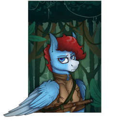 Size: 2300x2353 | Tagged: safe, artist:molars, derpibooru import, oc, oc only, oc:roaring forties, pegasus, pony, equestria at war mod, background, blue eyes, blue fur, clothes, commission, eaw, feather, gun, jungle, looking at you, solo, uniform, weapon, wings