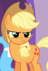 Size: 746x1119 | Tagged: safe, derpibooru import, screencap, applejack, pegasus, pony, applejack's "day" off, angry, annoyed, applejack is not amused, applejack's hat, clothes, cowboy hat, cute, cute face, cutie mark, female, hat, jackabetes, madorable, mare, solo, spa, unamused