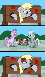 Size: 1920x3240 | Tagged: safe, artist:platinumdrop, derpibooru import, derpy hooves, diamond tiara, silver spoon, earth pony, pegasus, pony, abuse, bully, bullying, comic, commission, crying, derpybuse, female, filly, foal, food, laughing, mare, pelted with vegetables, pillory, punishment, restrained, sad, smiling, stocks, tomato