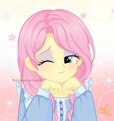 Size: 833x886 | Tagged: safe, artist:fluttershy_art.nurul, derpibooru import, fluttershy, human, equestria girls, blouse, bust, clothes, cute, female, gradient background, looking at you, one eye closed, shyabetes, smiling, solo, supporting head, wink, winking at you