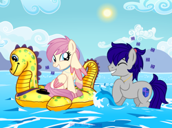 Size: 1100x821 | Tagged: safe, artist:jennieoo, derpibooru import, oc, oc:gentle star, oc:maverick, earth pony, pegasus, pony, beach, cloud, colored wings, female, happy, inflatable, inflatable toy, laughing, male, mare, mountain, ocean, ponytail, short mane, show accurate, smiling, stallion, sun, two toned wings, vector, water, wet, wings
