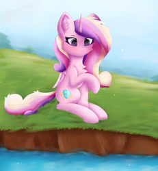 Size: 3053x3298 | Tagged: safe, artist:gaffy, derpibooru import, princess cadance, alicorn, pony, chest fluff, ear fluff, ears, female, mare, raised hoof, raised leg, sitting, water, wings