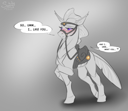 Size: 1400x1221 | Tagged: safe, artist:sunny way, derpibooru import, oc, oc only, changedling, changeling, blushing, chitin, cute, dialogue, digital art, female, harness, mare, patreon, patreon reward, quadrupedal, saddle, solo, tack