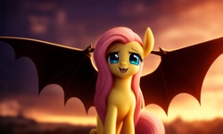 Size: 1280x768 | Tagged: safe, derpibooru import, generator:stable diffusion, machine learning generated, fluttershy, bat pony, pony, backlighting, bat ponified, bat wings, cloud, cloudy, cute, fangs, flutterbat, green eyes, looking at you, looking forward, lucidpony: sd is magic 2, pink mane, race swap, simple background, sitting, smiling, solo, spread wings, wings