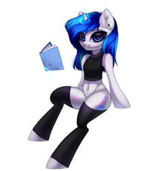 Size: 3333x3666 | Tagged: safe, artist:02vxmp, derpibooru import, oc, oc only, oc:mind, pony, semi-anthro, unicorn, belly button, book, clothes, cutie mark, ear piercing, eyeshadow, makeup, piercing, simple background, socks, solo, sweater, thigh highs, white background