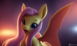Size: 1280x768 | Tagged: safe, derpibooru import, generator:stable diffusion, machine learning generated, fluttershy, bat pony, pony, backlighting, bat ponified, bat wings, cute, fangs, flutterbat, green eyes, looking at you, looking forward, lucidpony: sd is magic 2, pink mane, race swap, simple background, sitting, smiling, solo, spread wings, wings