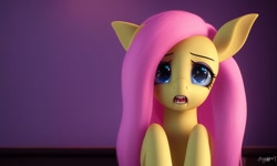 Size: 1280x768 | Tagged: safe, derpibooru import, generator:stable diffusion, machine learning generated, fluttershy, bat pony, pony, backlighting, bat ponified, blue eyes, cute, fangs, flutterbat, looking at you, looking forward, lucidpony: sd is magic 2, pink mane, race swap, scared, simple background, sitting, solo, spread wings, wings