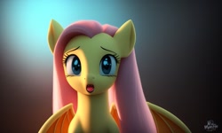 Size: 1280x768 | Tagged: safe, derpibooru import, generator:stable diffusion, machine learning generated, fluttershy, bat pony, pony, backlighting, bat ponified, bat wings, cute, fangs, flutterbat, green eyes, looking at you, looking forward, lucidpony: sd is magic 2, open mouth, pink mane, race swap, shocked, shocked expression, simple background, sitting, solo, spread wings, wings